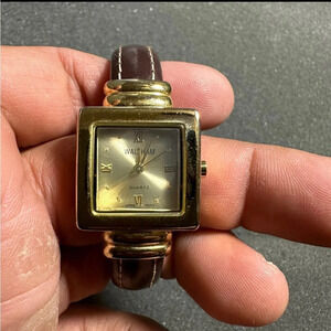 Waltham Ladies Quartz Watch Gold Tone Brown Cuff Hinged Bracelet Working